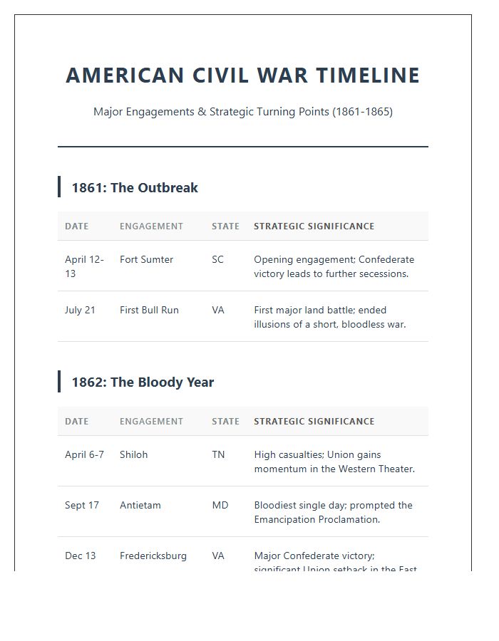 Comprehensive Civil War Battles Timeline Printable Chart