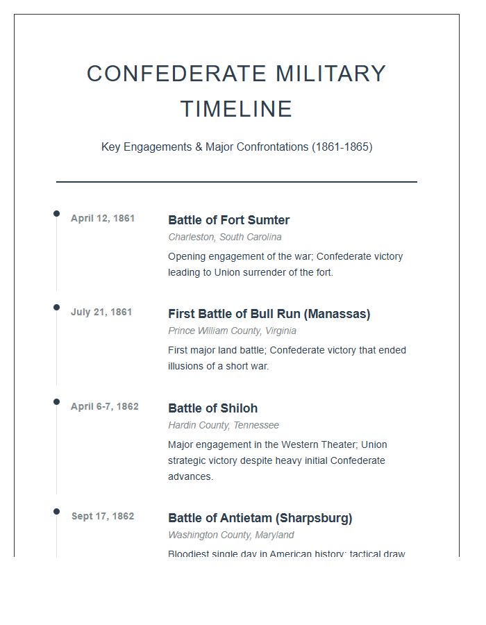 Confederate Civil War Battles Timeline Printable Chart