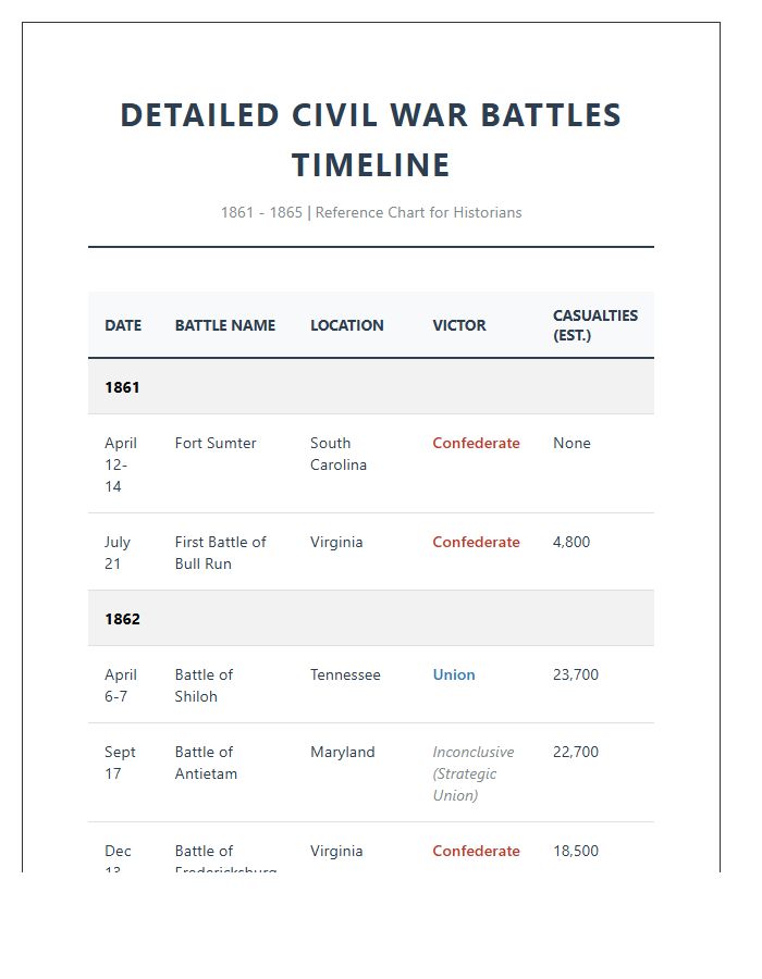 Detailed Civil War Battles Timeline Printable Chart