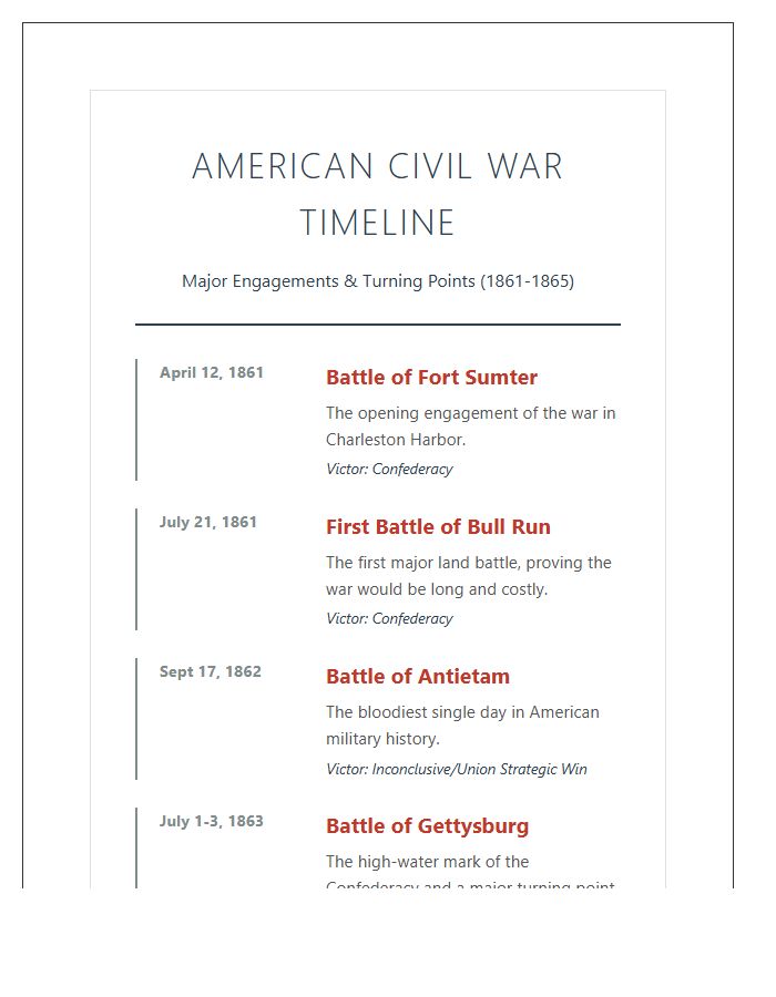 Educational Civil War Battles Timeline Printable Chart