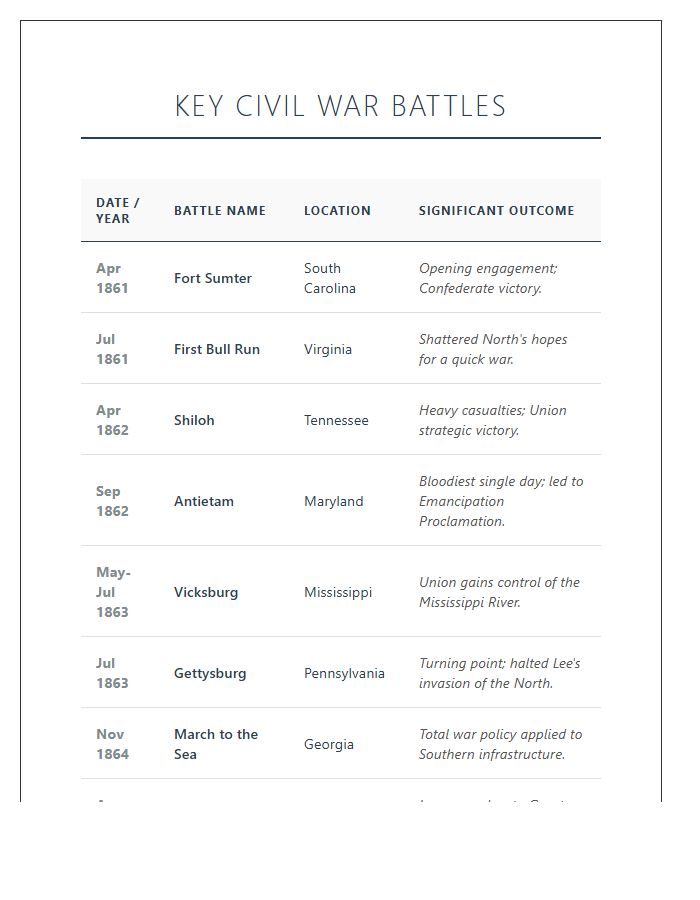 Key Civil War Battles Timeline Printable Chart