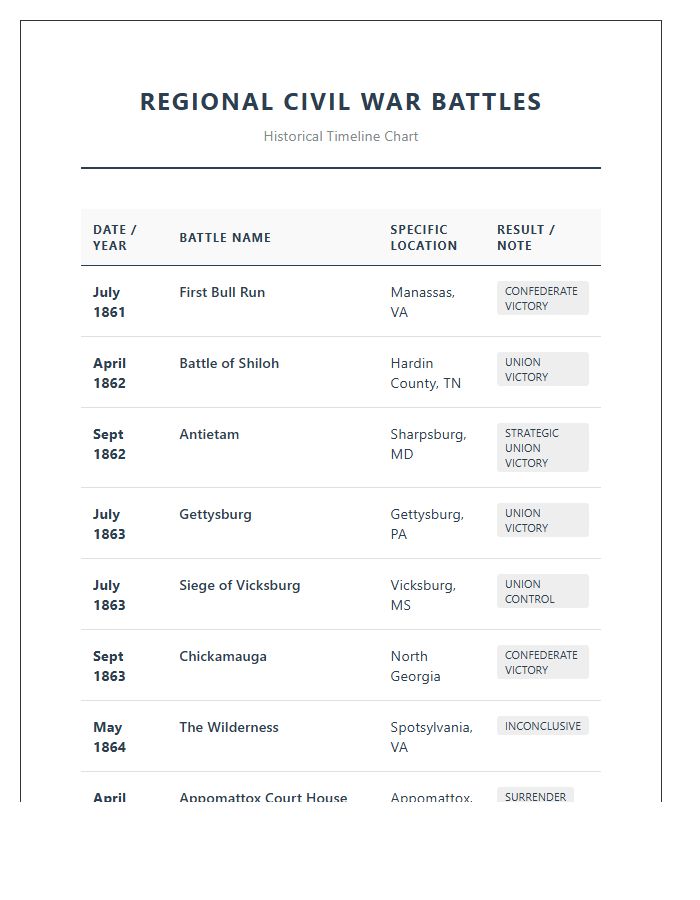 Regional Civil War Battles Timeline Printable Chart