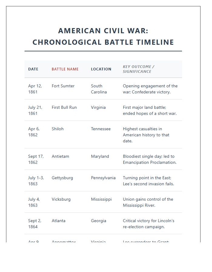 Sequential Civil War Battles Timeline Printable Chart