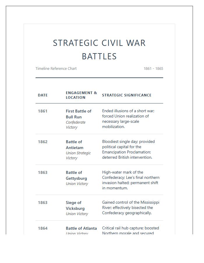 Strategic Civil War Battles Timeline Printable Chart