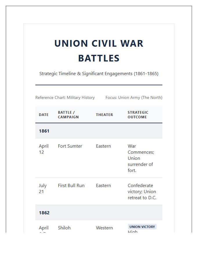 Union Civil War Battles Timeline Printable Chart
