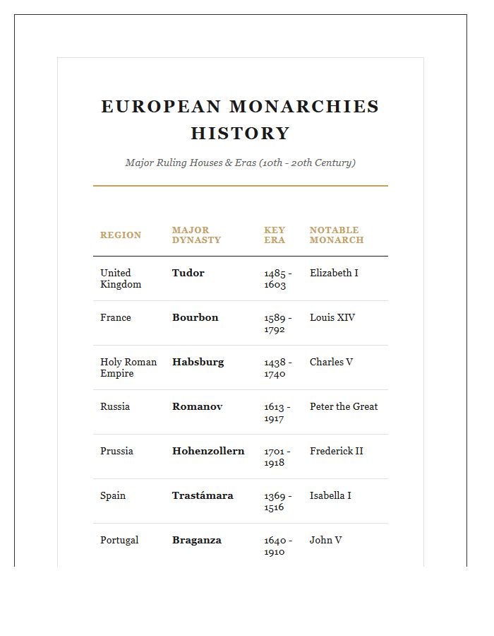 European Monarchies History Overview Printable Chart