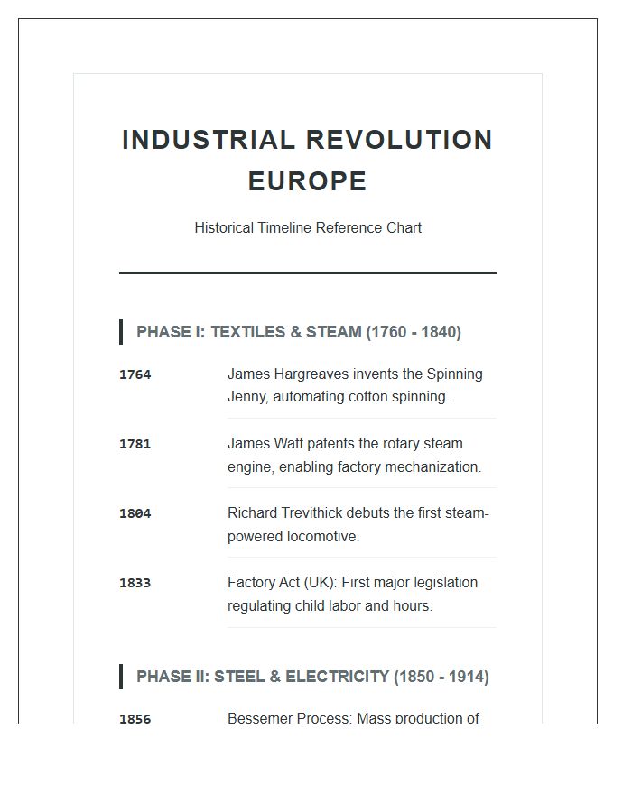 Industrial Revolution Europe History Timeline Printable Chart