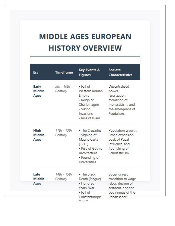 Middle Ages European History Overview Printable Chart