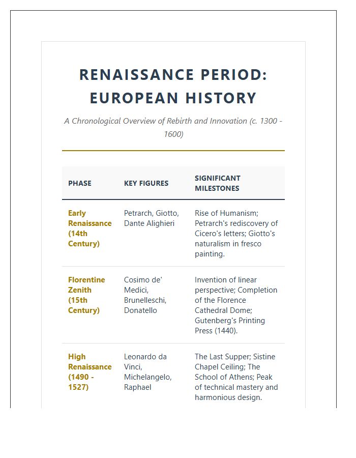 Renaissance Period European History Printable Chart