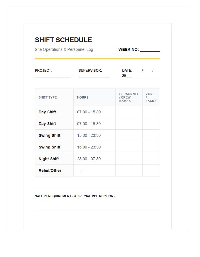 Construction Site Shift Schedule Printable Chart