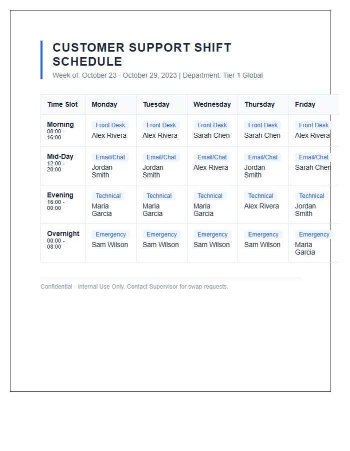 Customer Support Shift Schedule Printable Chart