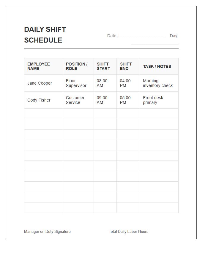 Daily Employee Shift Schedule Printable Chart