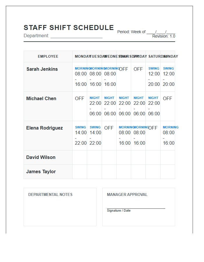 Departmental Staff Shift Schedule Printable Chart