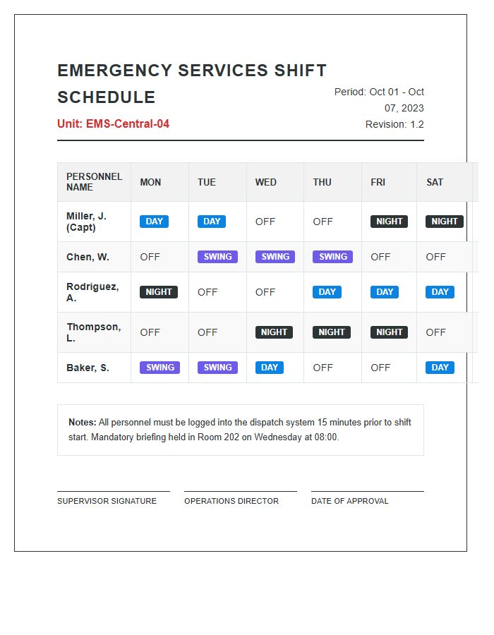 Emergency Services Shift Schedule Printable Chart
