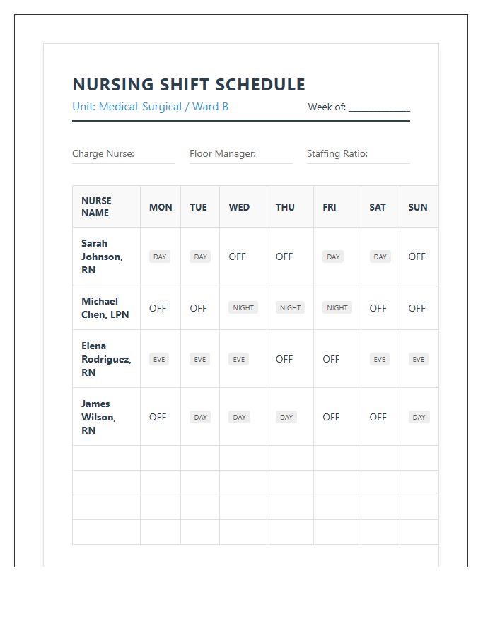 Hospital Nursing Shift Schedule Printable Chart