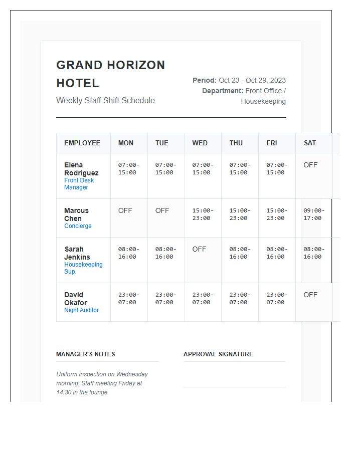 Hotel Staff Shift Schedule Printable Chart