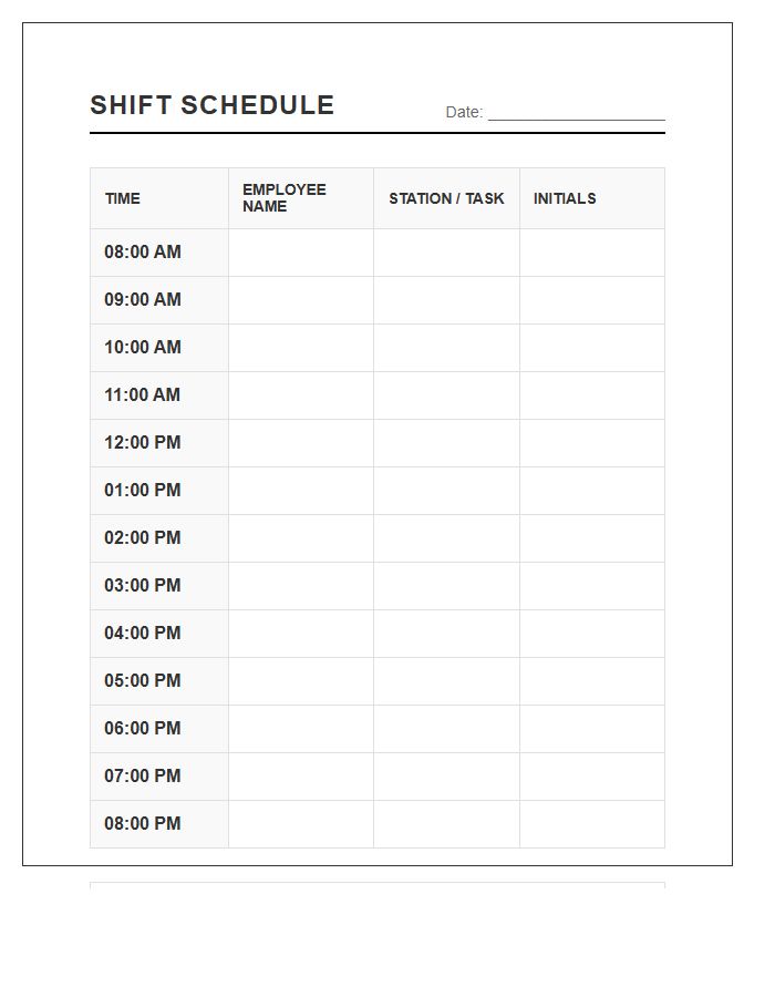Hourly Work Shift Schedule Printable Chart