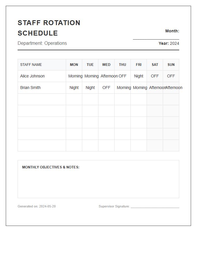 Monthly Staff Rotation Printable Chart