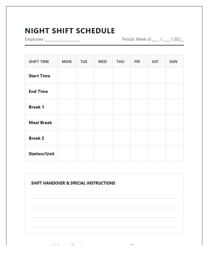 Night Shift Employee Schedule Printable Chart