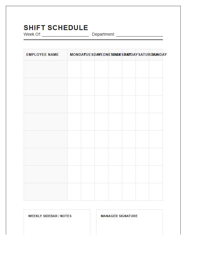 Restaurant Employee Shift Schedule Printable Chart