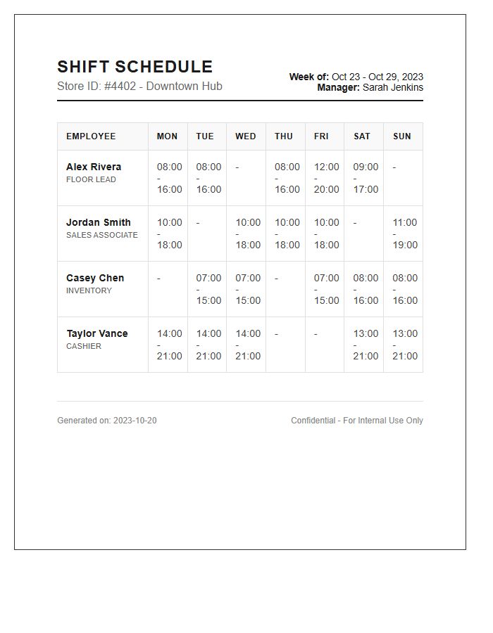 Retail Store Staff Shift Schedule Printable Chart