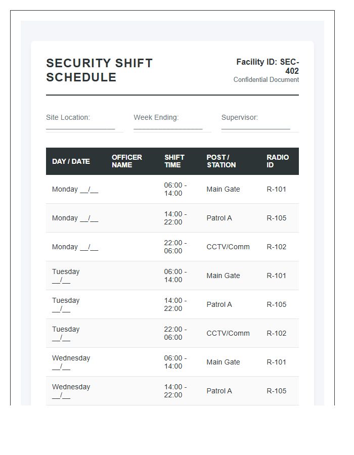 Security Guard Shift Schedule Printable Chart