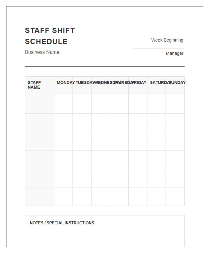 Small Business Staff Shift Schedule Printable Chart