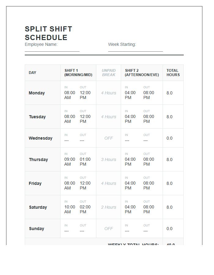 Split Shift Schedule Printable Chart