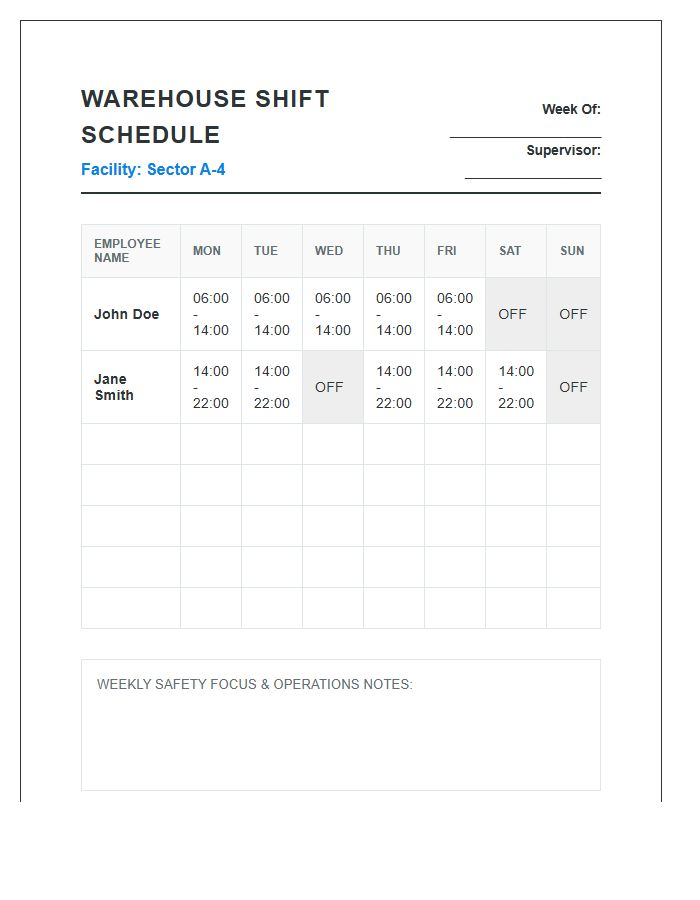 Warehouse Worker Shift Schedule Printable Chart