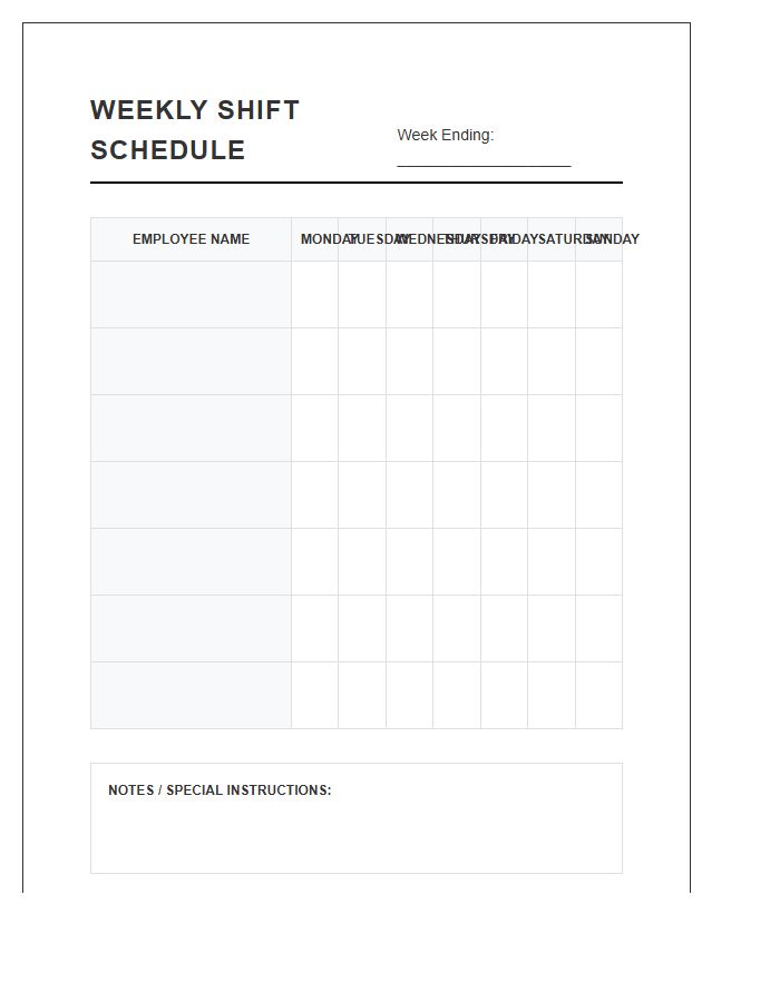 Weekly Employee Shift Schedule Printable Chart