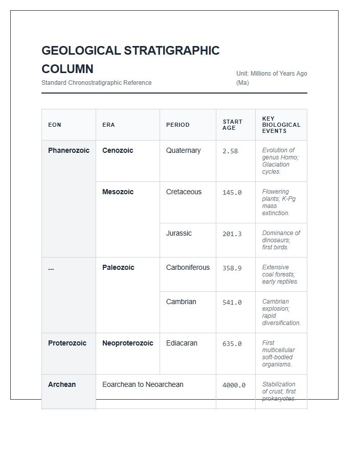 Geological Stratigraphic Column Printable Chart