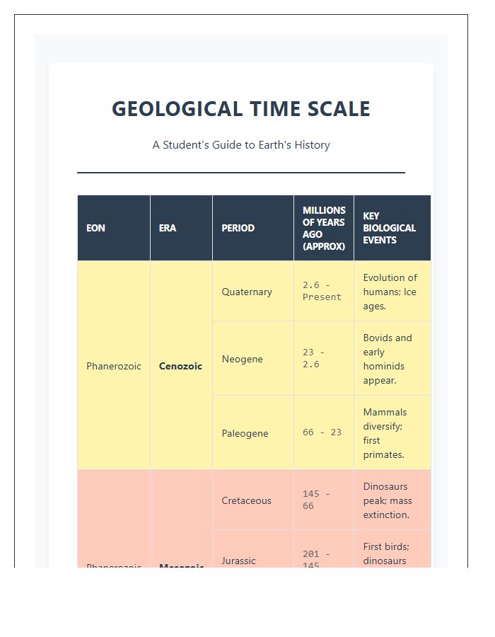 Geological Time Scale For Students Printable Chart