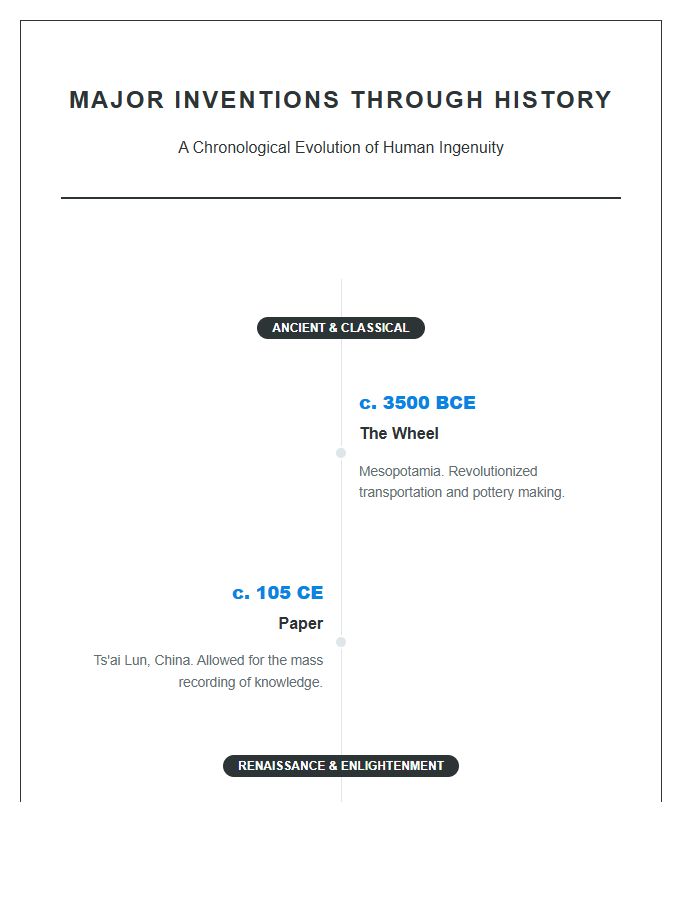 Major Inventions Through History Timeline Printable Chart