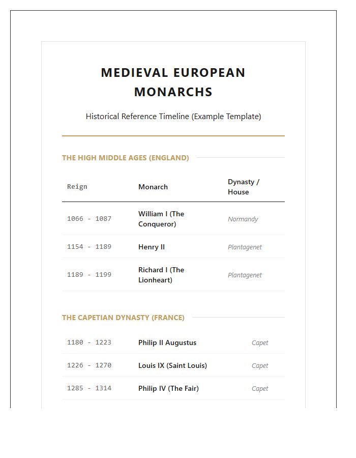 Medieval European Monarchs Timeline Printable Chart
