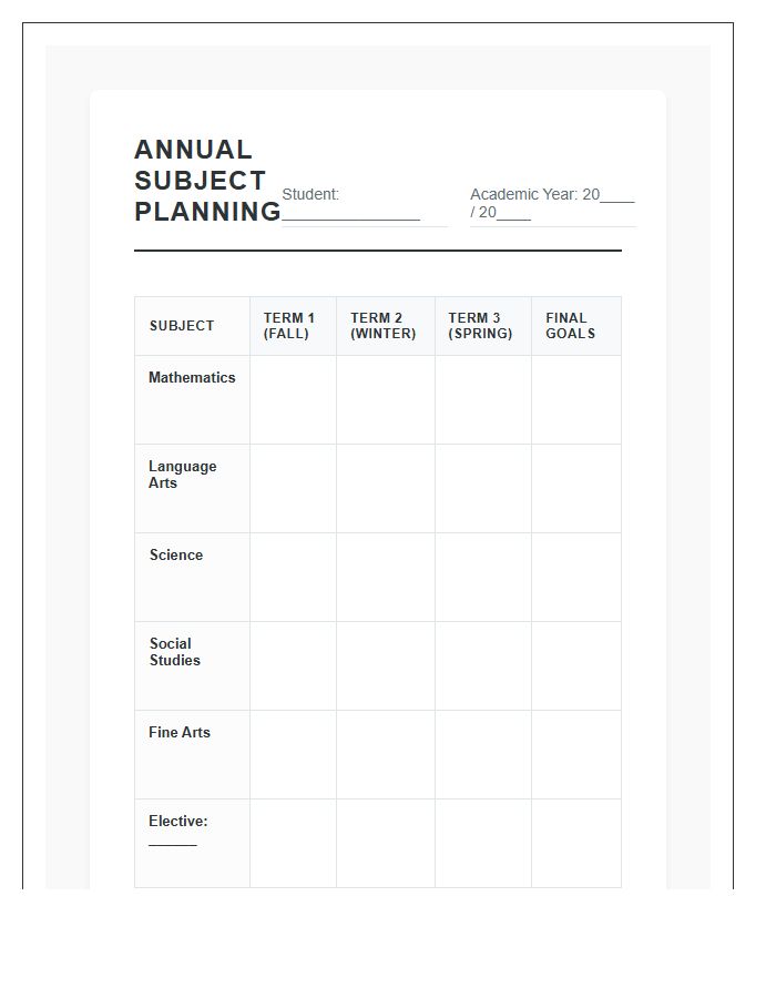 Annual School Subject Planning Printable Chart