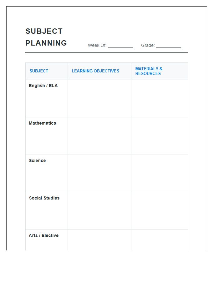 Classroom Subject Planning Printable Chart