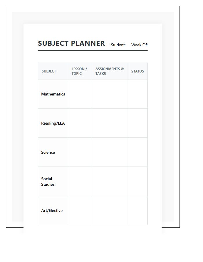 Elementary Student Subject Planning Printable Chart