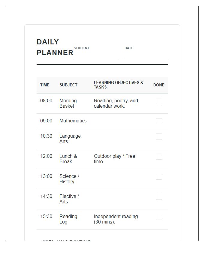Homeschool Daily Subject Planning Printable Chart