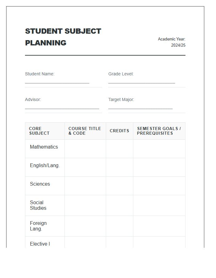 Individual Student Subject Planning Printable Chart