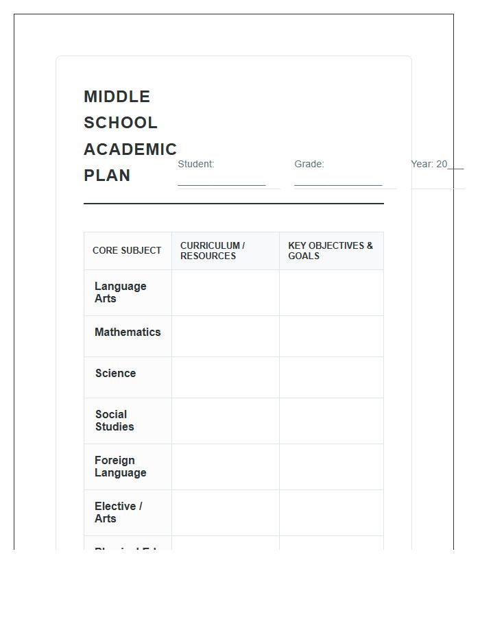 Middle School Subject Planning Printable Chart