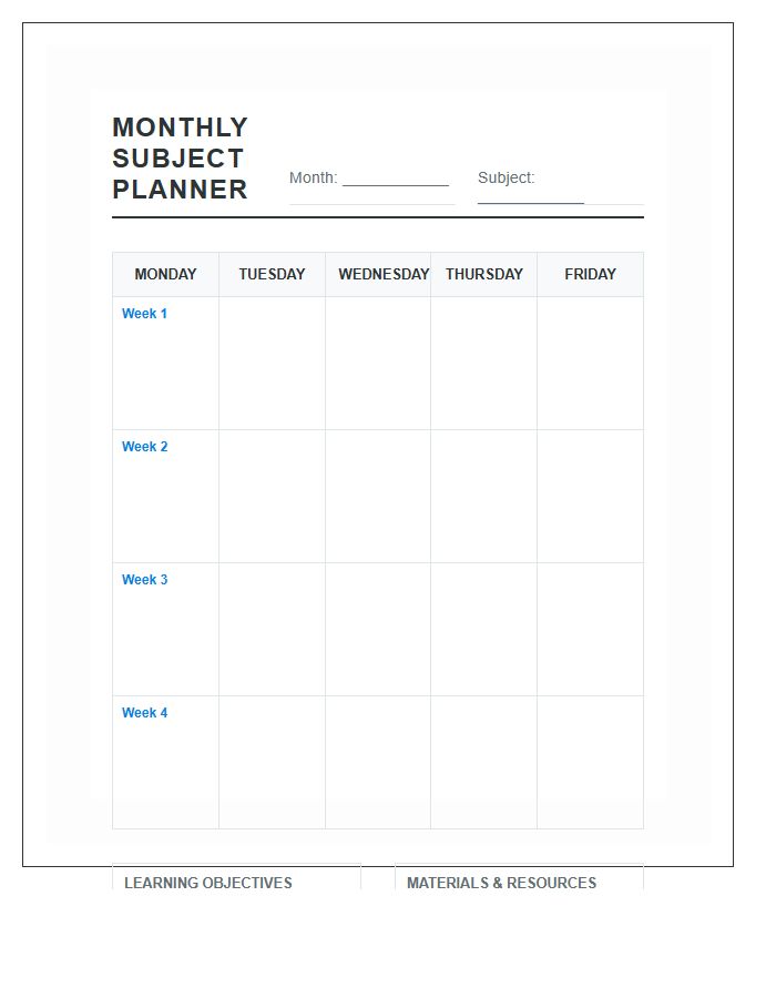 Monthly School Subject Planning Printable Chart