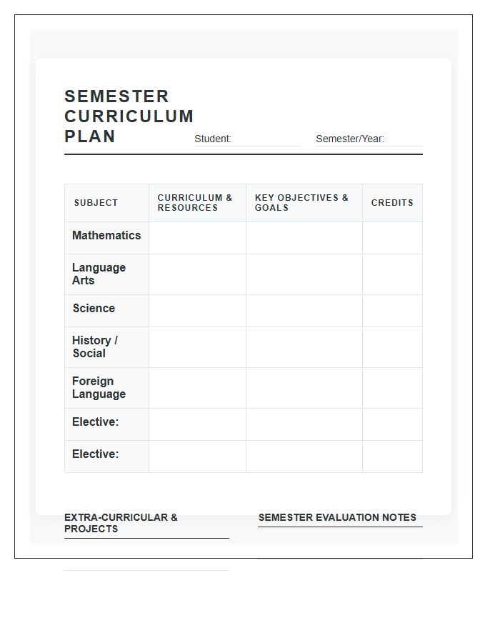 Semester School Subject Planning Printable Chart