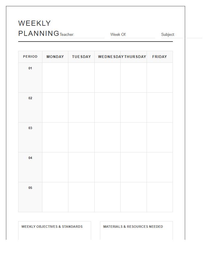 Teacher Weekly Subject Planning Printable Chart
