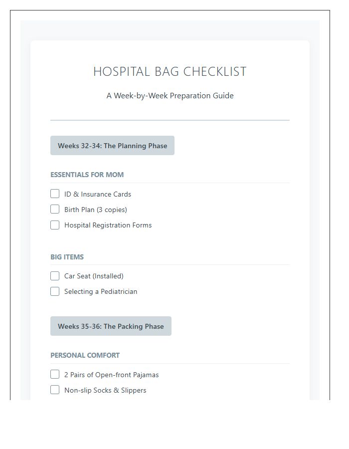 Pregnancy Hospital Bag Checklist Week By Week Printable Chart