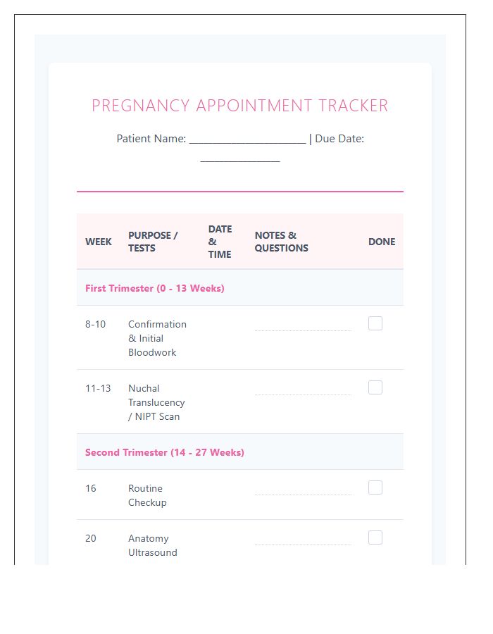 Pregnancy Medical Appointment Week By Week Printable Chart