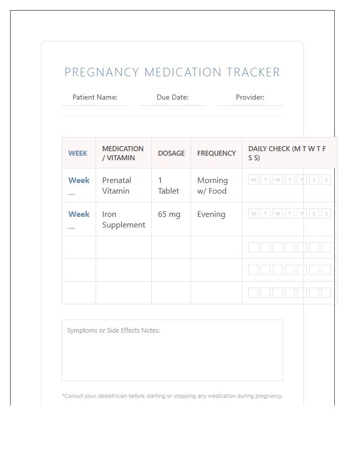 Pregnancy Medication Reminder Week By Week Printable Chart