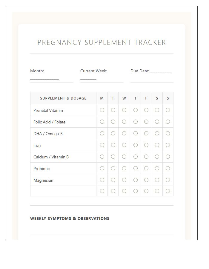 Pregnancy Supplement Tracking Week By Week Printable Chart