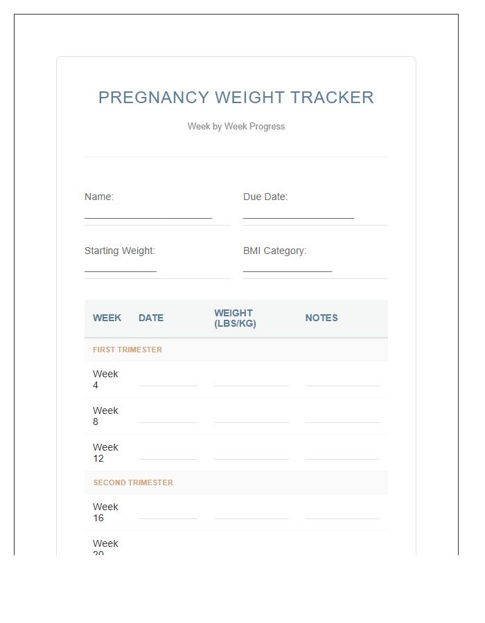 Pregnancy Weight Gain Progress Week By Week Printable Chart