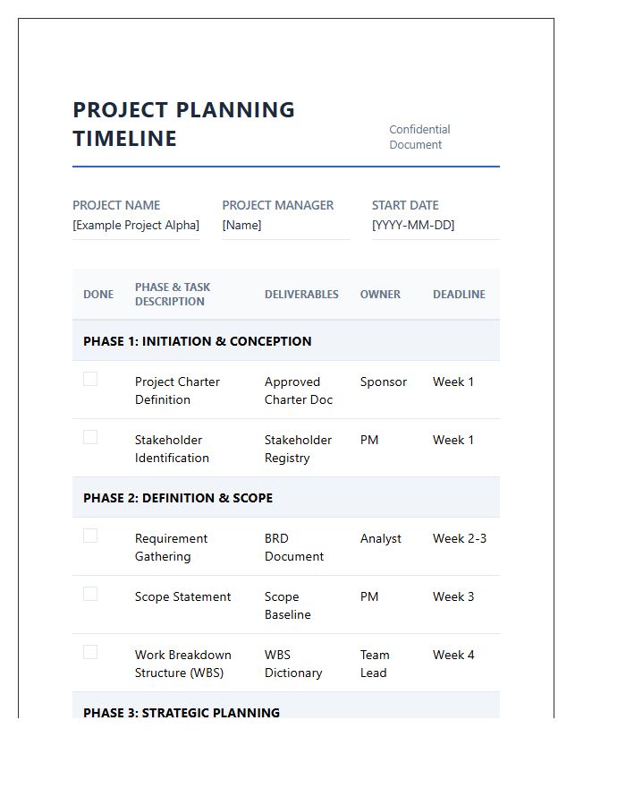 Comprehensive Project Planning Phase Timeline Printable Chart