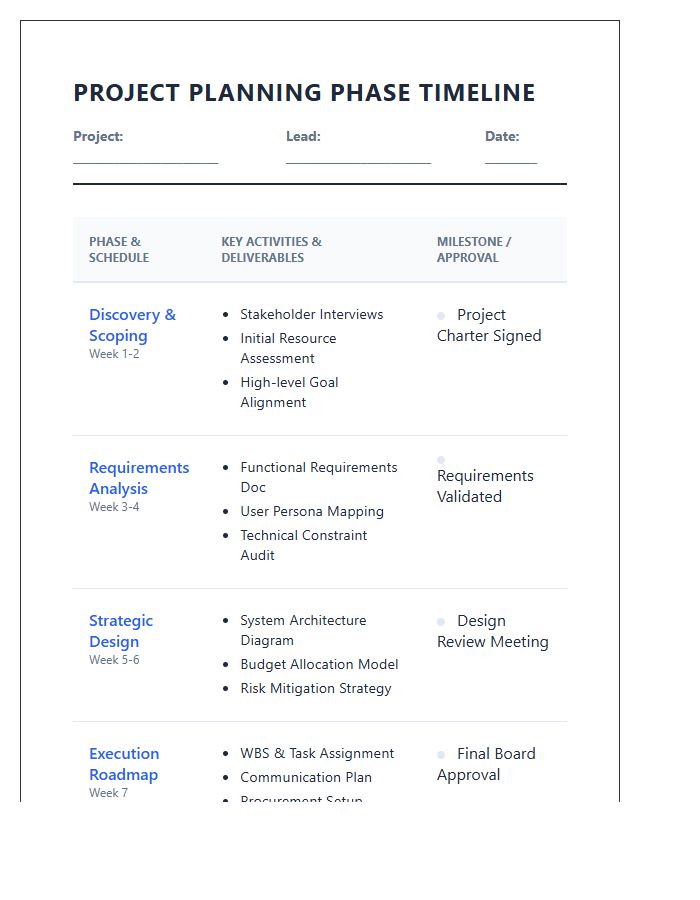 Organizational Project Planning Phase Timeline Printable Chart